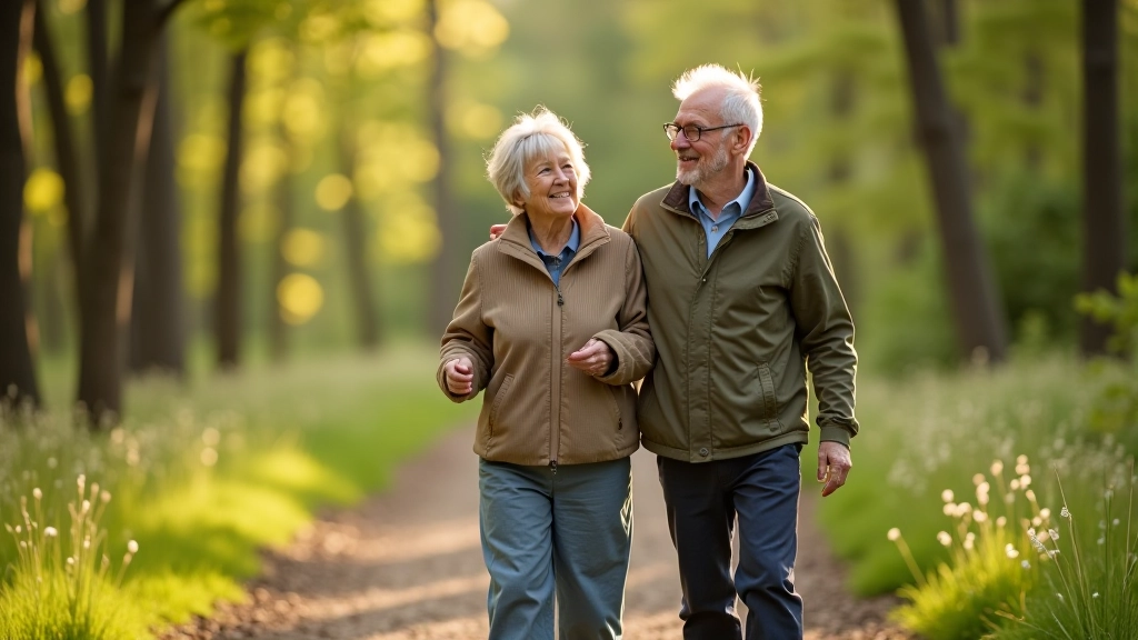 Pacienti pensionāri pastaigā meža ceļā, smaidoši un relaksēti